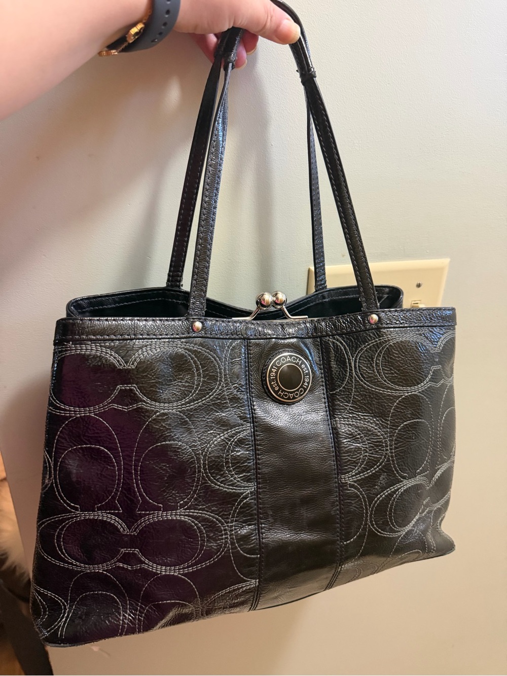 Coach Black Leather Signature Tote with Polished Logo Disc - Picture 2 of 5